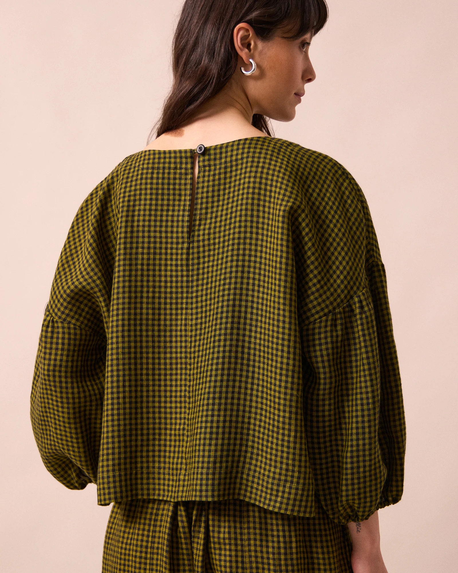 Aisha Fresh Olive Mini Gingham Linen Top - Image 3
