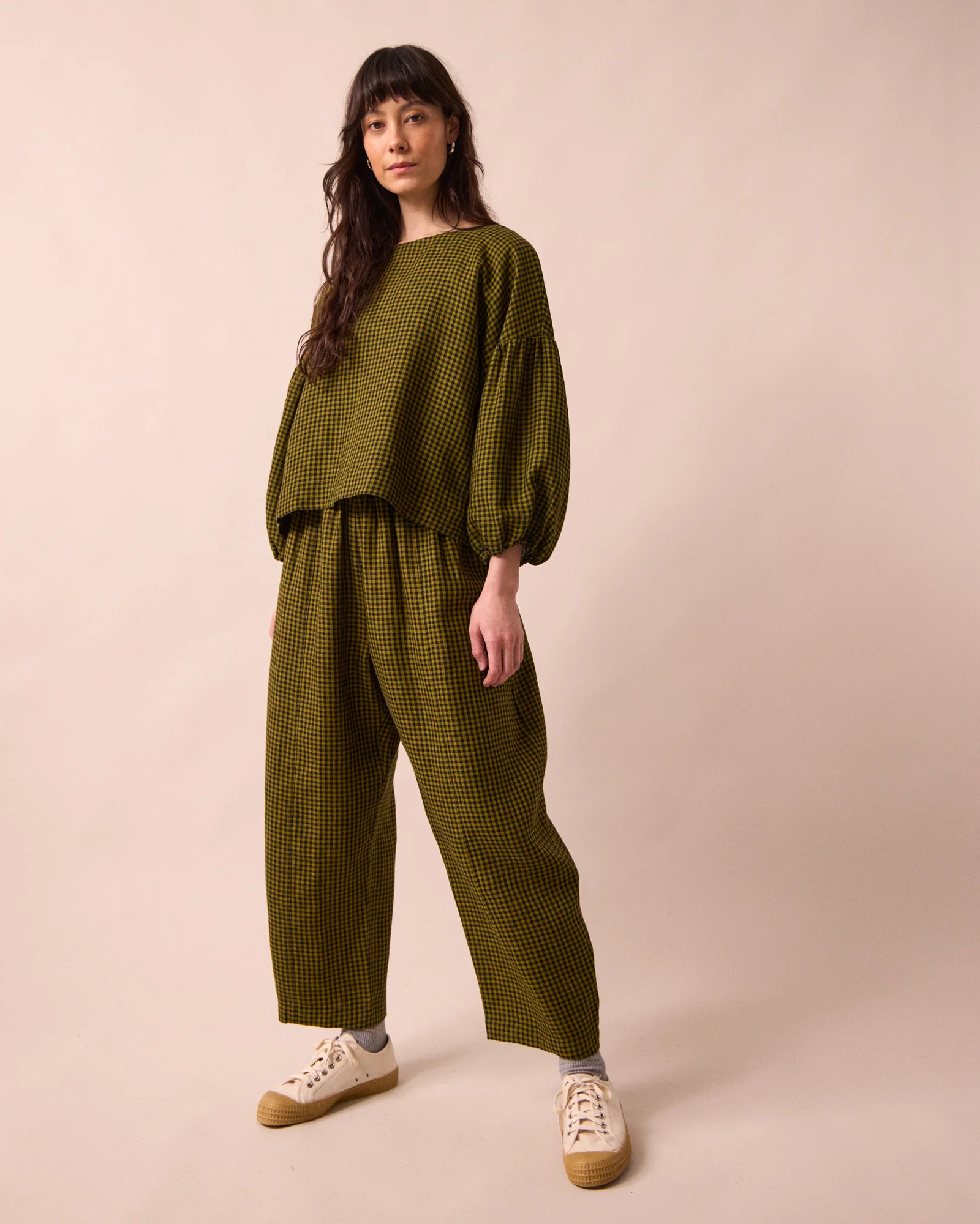 Aisha Fresh Olive Mini Gingham Linen Top - Image 4