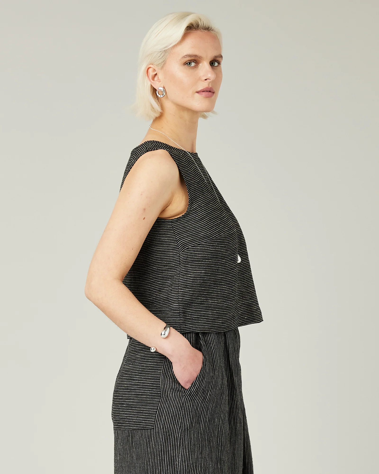 Esme Black & Ecru Pencil Stripe Linen Top - Image 4