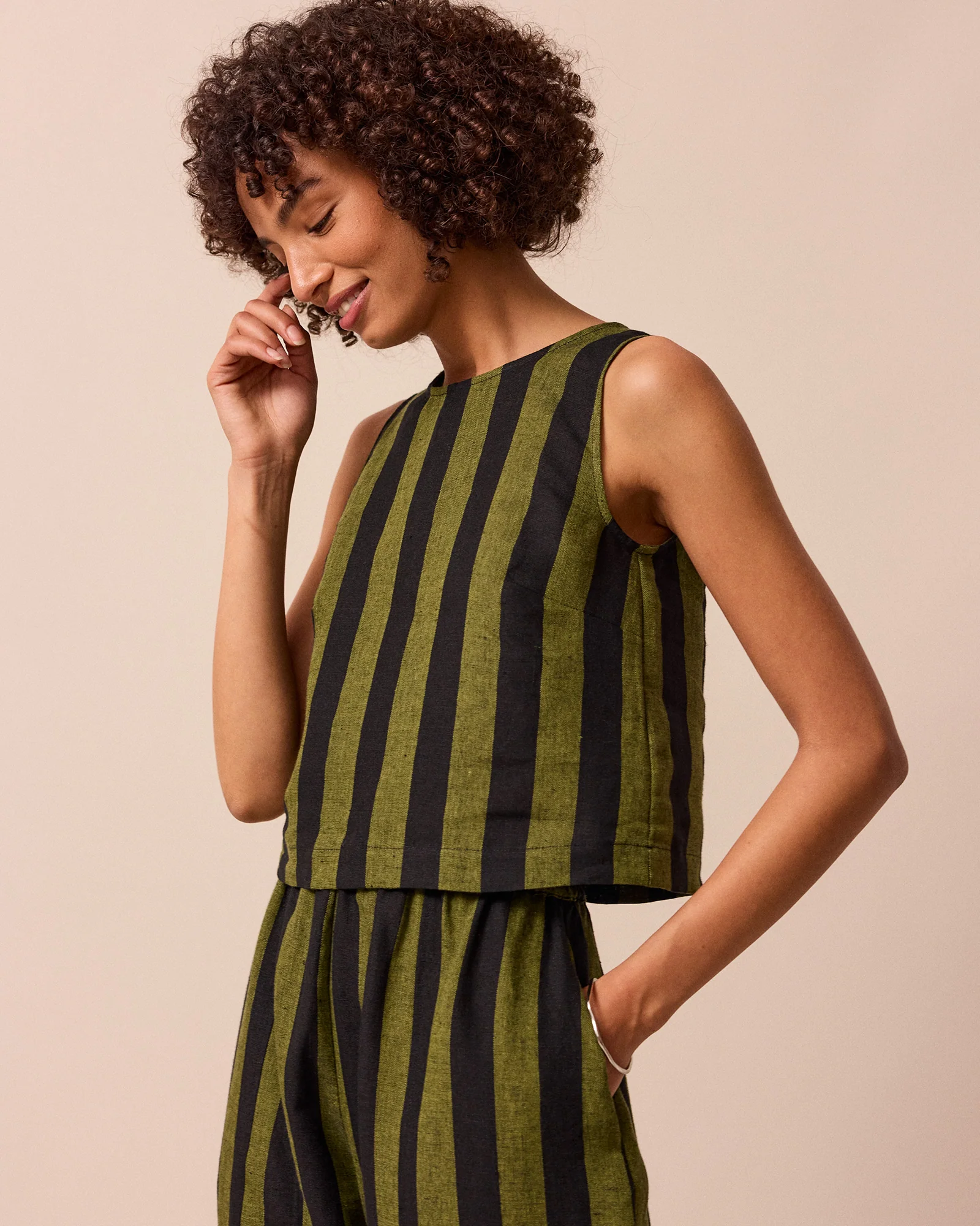 Esme Olive & Black Stripe Linen Top - Image 3