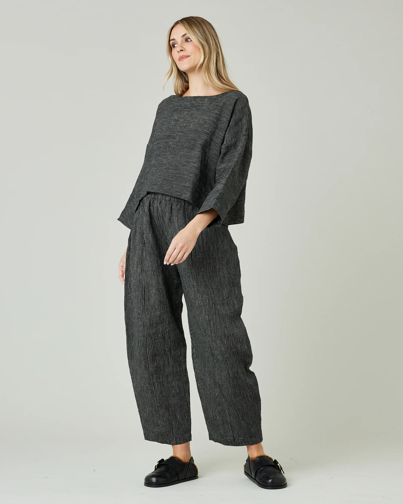 Lily Black & Ecru Pencil Stripe Linen Top - Image 13