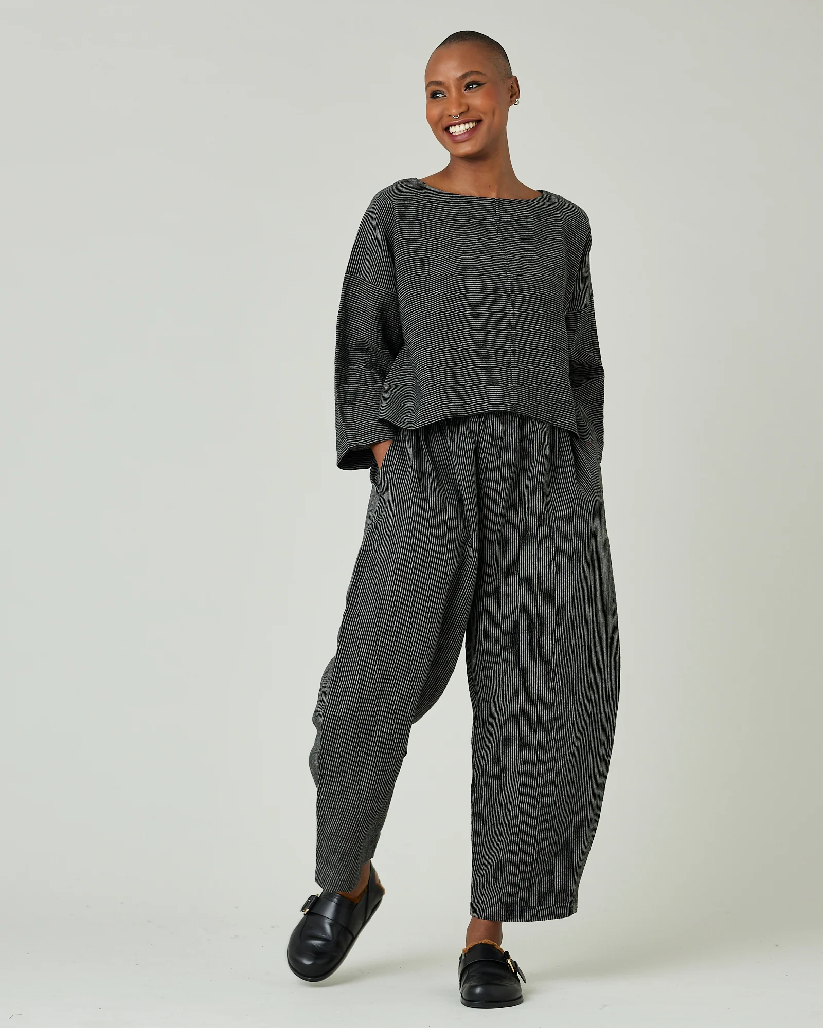 Lily Black & Ecru Pencil Stripe Linen Top - Image 6