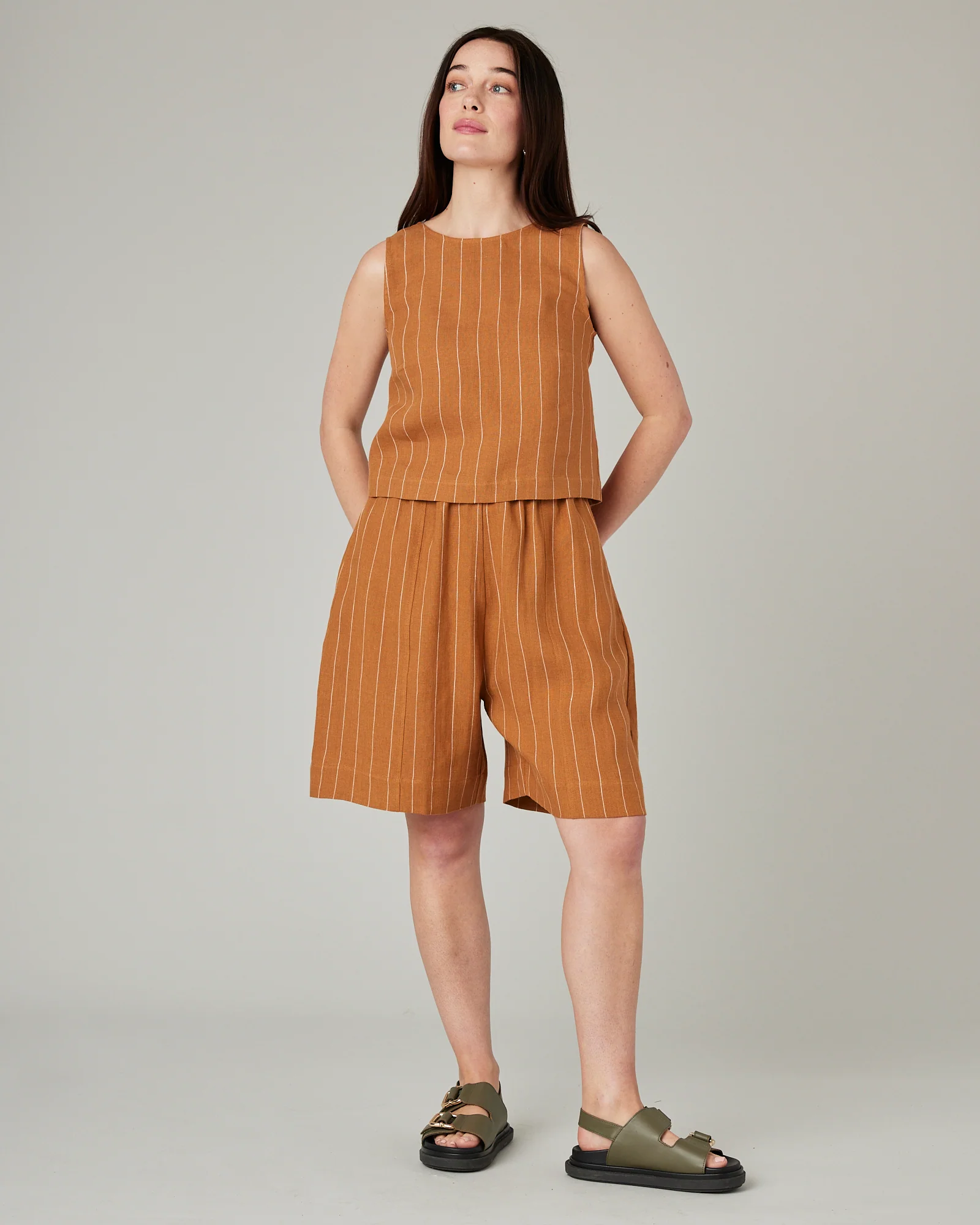 Liv Honey Pinstripe Linen Shorts - Image 12